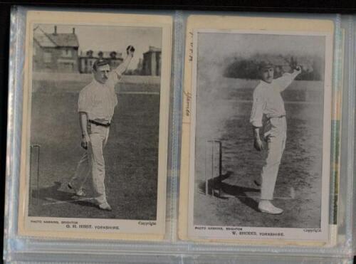 England Test and County cricketers 1900s-1950s. Black folder comprising a collection of forty postcards with the odd photograph of England Test and county cricketers. Early postcards feature Hirst, Rhodes, Jessop, Tyldesley, Fry, Woolley, Hearne, Barnes, 