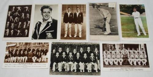 Cricket postcard selection. Twenty four mono (two colour) postcards. Includes some real photograph postcards of 'Cricket I. Bowling, Cutting &amp; Driving' and 'Cricket II. Wicket, Catch &amp; Stumped'. Rotary Photographic Series no. 3983 I. Player postca