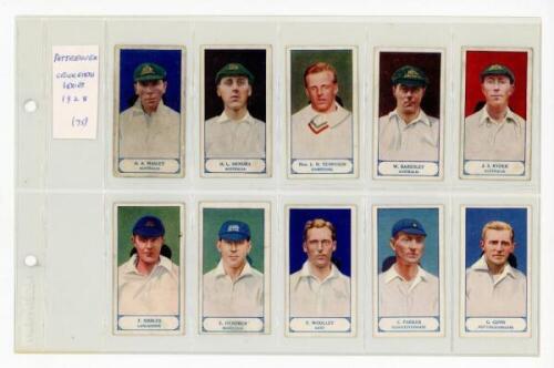 J.A. Pattreiouex, Manchester. 'Cricketers Series' 1926. Rarer full set of seventy five numbered cigarette cards. Odd minor faults to card nos. 1, 13, 19, 37, 48, 57 and 62, otherwise in good/ very good condition - cricket