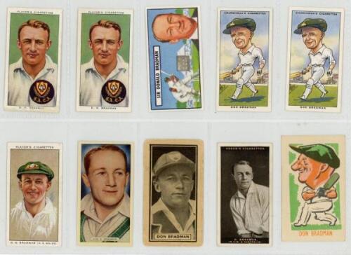 Don Bradman. Red album comprising a collection of fifty eight cigarette and other Bradman related ephemera. Series include Ogden's 'Australian Test Cricketers 1928-29', W.A. &amp; A. Churchman 'Sporting Celebrities' 1931, John Player &amp; Sons 'Cricketer