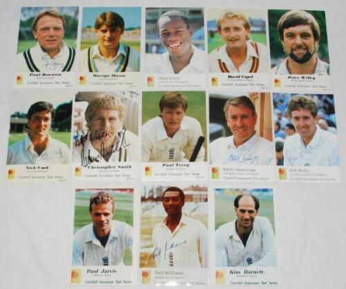 Cornhill Insurance Test Series signed collectors cards. Thirteen cards, each signed by the featured player. Includes eight 'Series C' cards of Paul Downton, Martyn Moxon, Chris Lewis, David Capel, Peter Willey, Nick Cook, Chris Smith and Paul Terry. Two '