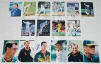 Overseas cricketers signed trade cards c.1990s. A selection of trade cards, postcards and colour player portrait photographs of modern overseas cricketers. Includes ten T.C.C.B. signed postcards of Bacher, S. Pollock (South Africa), Sidhu, Raju (India), B