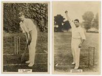 Phillips 'Pinnace' premium issue cabinet size real photograph trade cards issued in 1924. Two real photograph cards of Jack Hobbs, Surrey, No. 16.C, and Henry Howell, Warwickshire, No. 70.C. Plain backs. Adhesive marks to verso of both, otherwise in good 