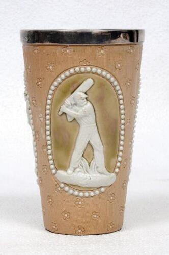 Doulton Lambeth stoneware beaker, moulded in relief with figures in roundels of a batsman (W.G. Grace) in different poses and with a white sprigged pattern. Doulton Lambeth impressed marks to base, date 1880, and makers marks to base of Lizzie Padbury and