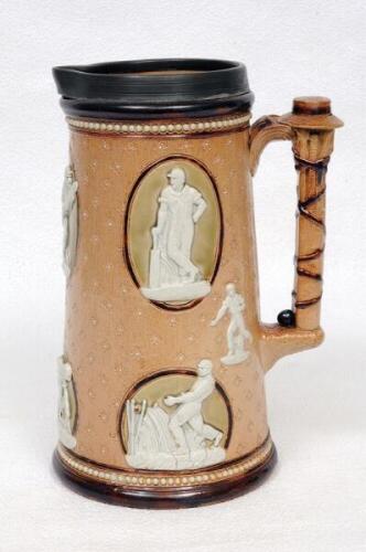 Cricketing jug. A large and impressive Doulton Lambeth stoneware tapering jug, moulded in relief with six raised figures, three of batsman and three of fielders in roundels, all different and in various positions. With two further smaller raised figures o