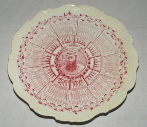 William Gilbert Grace. Original Coalport porcelain plate commemorating W.G. Grace's Century Of Centuries 1895, decorated in the rarer puce (red) with central portrait of Grace and dates of each individual century and who scored against radiating out from 