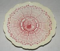 William Gilbert Grace. Original Coalport porcelain plate commemorating W.G. Grace's Century Of Centuries 1895, decorated in the rarer puce (red) with central portrait of Grace and dates of each individual century and who scored against radiating out from 