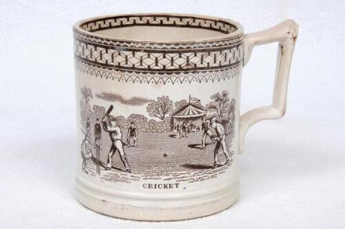 'Cricket'. A Victorian Staffordshire mug with transfer printed scenes printed in brown, to one side the scene of a cricket match in progress with title 'Cricket' to lower border and to the reverse a deer stalking scene with dogs and deer with title 'Deer 