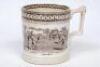 'Cricket'. A Victorian Staffordshire mug with transfer printed scenes printed in brown, to one side the scene of a cricket match in progress with title 'Cricket' to lower border and to the reverse a deer stalking scene with dogs and deer with title 'Deer 
