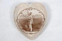 Tom Richardson, Surrey &amp; England 1892-1904. Heart shaped pin tray with gilded and scalloped rim with printed image of Richardson in bowling pose and name printed to right hand side. MacIntyre of Burslem stamp to base with registration mark 319664 (189