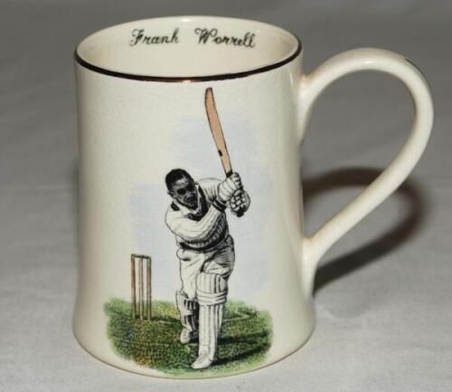 'Frank Worrell' West Indies. Sandland ceramic tankard with transfer printed colour image of Worrell in batting pose and 'Old Father Time' to reverse. Gilt lustre to rim and handle. 3.75&quot;. Sandland stamp to verso. Very good condition. Rarer of the San