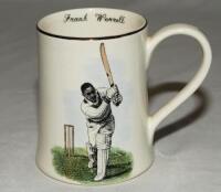 'Frank Worrell' West Indies. Sandland ceramic tankard with transfer printed colour image of Worrell in batting pose and 'Old Father Time' to reverse. Gilt lustre to rim and handle. 3.75". Sandland stamp to verso. Very good condition. Rarer of the San
