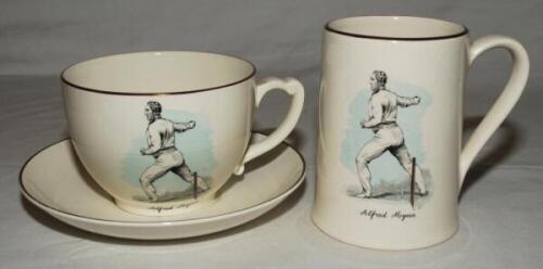 Alfred Mynn, Kent &amp; Sussex. Extremely large Sandland tea cup and saucer with transfer printed colour vignette depicting Mynn bowling with name printed beneath. To the reverse an image of 'Old Father Time'. Gold lustre to cup rim and handle. The cup me