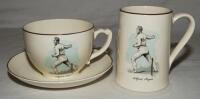 Alfred Mynn, Kent &amp; Sussex. Extremely large Sandland tea cup and saucer with transfer printed colour vignette depicting Mynn bowling with name printed beneath. To the reverse an image of 'Old Father Time'. Gold lustre to cup rim and handle. The cup me