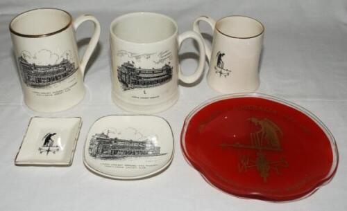 'Lord's Cricket Ground- The Pavilion. Marylebone Cricket Club'. Two Sandland tankards of various shape and size, each with transfer print of the pavilion at Lord's to lid, 5&quot;&4&quot;. Sold with two Sandland trinket trays with similar design. Gold lu