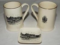 'Pavilion Trent Bridge Cricket Ground'. Two Sandland tankards of similar shape and size, 5&quot;, each with transfer print of the pavilion at Trent Bridge to side, one has the emblem and initials for the 'N.C.C.S.A.' to verso. Sold with a Sandland trinket