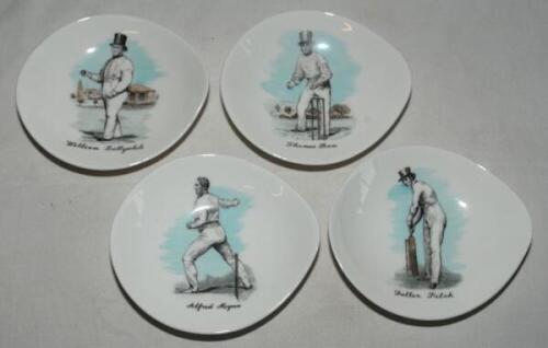 'Alfred Mynn, Thomas Box, Fuller Pilch and William Lillywhite'. Four Sandland Ware ceramic trinket/ash trays with individual transfer printed images of each player in cricketing pose with name beneath. Each 5&quot;x4.5&quot;. G/VG - cricket