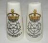 Hampshire County Cricket Club. Pair of salt and pepper pots with transfer printed colour image of the Hampshire emblem and name beneath to each pot and name printed beneath. Lancaster &amp; Sandland Ltd. 4&quot; tall. Lacking stoppers to bases. G - cricke