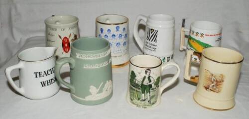 Cricket ceramics. Good selection of cricketing ceramics. Items include 'Worcestershire County Cricket Club. Champions 1964', Jasperware 5" green/grey ceramic tankard, 'Lewis Cage as a Batsman' 4" Sandland tankard, 'Teachers Whisky' transfer prin