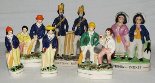 Staffordshire replica cricket figures. A good selection including 'Tennis &amp; Cricket', 'Military Batsmen', 'The Batsman &amp; Bowler Group', 'The Batsman &amp; Wicket-keeper Group', and the 'Smaller Batsman and Bowler'. Good condition - cricket