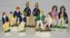 Staffordshire replica cricket figures. A good selection including 'Tennis &amp; Cricket', 'Military Batsmen', 'The Batsman &amp; Bowler Group', 'The Batsman &amp; Wicket-keeper Group', and the 'Smaller Batsman and Bowler'. Good condition - cricket