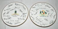 The Ashes. Two Royal Stafford china plates, 'England 1977 Jubilee Test Series v Australia', with three lions emblem to centre and facsimile signatures of the England team to surround, and 'Australia 1977 Touring Cricket Team' with Australian emblem to cen