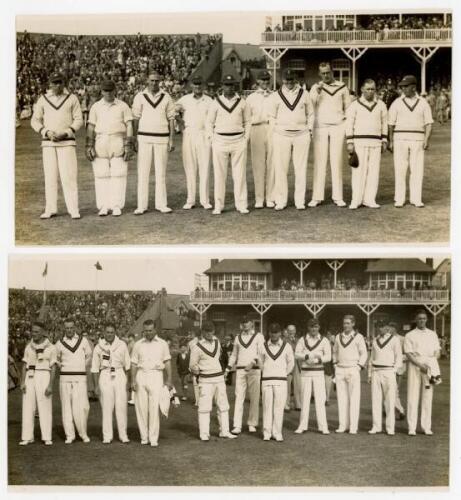 H.D.G. Leveson-Gower's XI v South Africans, Scarborough 1935. Two original mono photographs of each team standing in one row wearing cricket attire in front of the pavilion, for the match played 7th- 10th September 1935. Leveson-Gower's XI includes Wyatt 