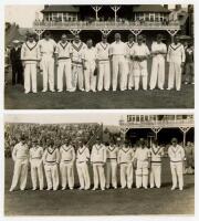 H.D.G. Leveson-Gower's XI v M.C.C. Australian Touring Team, Scarborough 1936. Two original mono photographs of each team standing in one row wearing cricket attire in front of the pavilion, for the match played 5th- 8th September 1936. Leveson-Gower's XI 