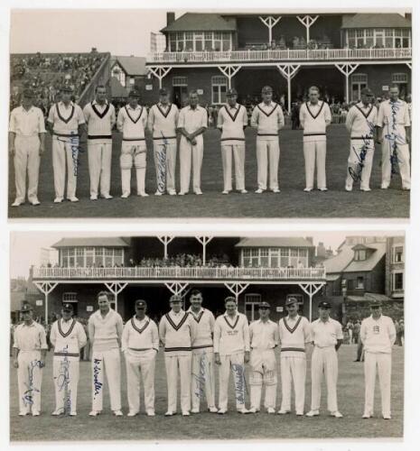 North v South, Scarborough 1947. Two original mono photographs of each team standing in one row wearing cricket attire in front of the pavilion, for the match played 6th- 9th September 1947. The North XI includes Hutton, Washbrook, Place, Hardstaff, Yardl