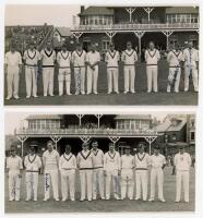 North v South, Scarborough 1947. Two original mono photographs of each team standing in one row wearing cricket attire in front of the pavilion, for the match played 6th- 9th September 1947. The North XI includes Hutton, Washbrook, Place, Hardstaff, Yardl