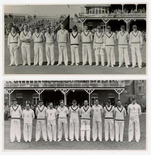 Scarborough Festival 1950. Three original mono photographs of teams lined up in one row wearing cricket attire in front of the pavilion. Teams are for North v South, 6th- 8th September 1950, and the H.D.G. Leveson-Gower XI for the tour match v West Indies