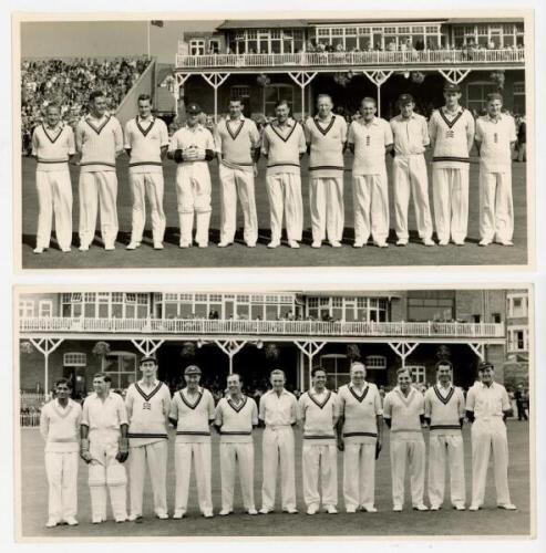 Scarborough Festival 1954 &amp; 1955. Two original mono photographs of teams lined up in one row wearing cricket attire in front of the pavilion. Teams are T.N. Pearce's XI (v Pakistanis, 8th- 10th September 1954). Players are Yardley (Captain), Watson, B
