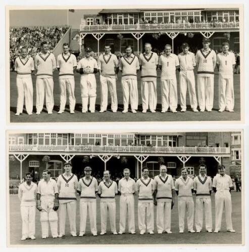 Scarborough Festival 1954 &amp; 1955. Two original mono photographs of teams lined up in one row wearing cricket attire in front of the pavilion. Teams are T.N. Pearce's XI (v Pakistanis, 8th- 10th September 1954). Players are Yardley (Captain), Watson, B