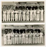 Scarborough Festival 1954 &amp; 1955. Two original mono photographs of teams lined up in one row wearing cricket attire in front of the pavilion. Teams are T.N. Pearce's XI (v Pakistanis, 8th- 10th September 1954). Players are Yardley (Captain), Watson, B