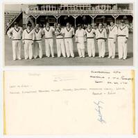 Australia tour to England. Scarborough Cricket Festival 1956. Original mono photograph of the Australian team lined up in one row wearing cricket attire in front of the pavilion, for the match v T.N. Pearce's XI, 5th-7th September 1956. Players are Johnso