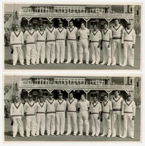 T.N. Pearce's XI v West Indians, Scarborough Festival 1957. Two original mono photographs of each of the teams lined up in one row wearing cricket attire in front of the pavilion, for the match played 7th- 10th September 1957. The Pearce XI are May (Capta