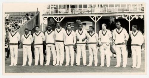West Indies tour to England 1966. Scarborough Festival. Original mono press photograph of the West Indian team lined up in one row wearing cricket attire in front of the pavilion, for the match v T.N. Pearce's XI, 3rd- 6th September 1966. Players are Sobe