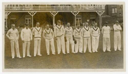 Scarborough Festival 1931. Original sepia press photograph of the M.C.C. team for the match v Yorkshire played at Scarborough, 2nd- 4th September 1931. The players are standing wearing cricket attire in one row in front of the pavilion. Players featured i