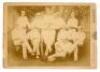 Harrow XI 1884. Early original sepia cabinet card photograph of the Harrow team seated and standing in rows wearing cricket attire. Photograph by Hills &amp; Saunders of Harrow. Players names annotated in ink to verso include the notable names of A.K. Wat