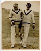 Don Bradman 1934. Large original mono press photograph of Bradman being helped off the field by Stan McCabe at Headingley having sustained a leg injury. The photograph, dated 23rd July 1934, by Sport &amp; General measures 10&quot;x8&quot;. Loss and nicks