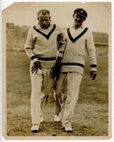 Don Bradman 1934. Large original mono press photograph of Bradman being helped off the field by Stan McCabe at Headingley having sustained a leg injury. The photograph, dated 23rd July 1934, by Sport &amp; General measures 10"x8". Loss and nicks