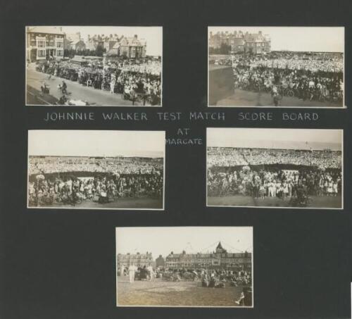 'Johnnie Walker Test Match Scoreboard at Margate' 1930. Fourteen mono candid photographs laid to album pages of scenes at Margate during the fifth and final Ashes Test at The Oval on 16th-21st August 1930. The photographs include scenes of large crowds ga
