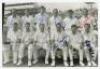 England v West Indies 1966. Mono postcard size copy photograph of the England twelve for the first Test, Old Trafford, 2nd-4th June 1966. Players are depicted seated and standing in rows wearing cricket attire. Signed to the photograph in different colour