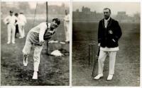 John Berry 'Jack' Hobbs. Surrey &amp; England 1905-1934. Two large original mono press photographs of Hobbs, one of him bowling in the nets at The Oval wearing his cap, dated 28th April 1921. The other of Hobbs at The Oval standing at the wicket leaning o