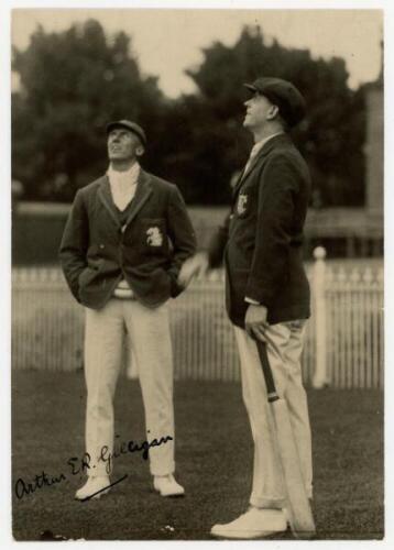 Arthur Edward Robert Gilligan. Cambridge University, Surrey, Sussex &amp; England 1919-1932. Original sepia press photograph of Gilligan wearing his M.C.C. touring blazer, tossing for innings with, presumably, Ernie Mayne, captain of the Victoria side, on