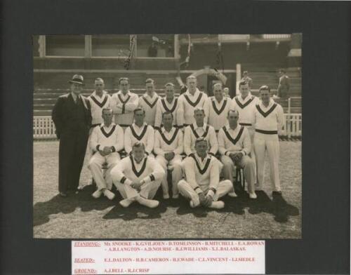 South Africa tour to England 1935. Original mono press photograph of the touring party seated and standing in rows wearing cricket attire. Signed in ink to the photograph by Tomlinson, Nourse and Vincent. Central Press Photos, London. 11.5&quot;x8.75&quot