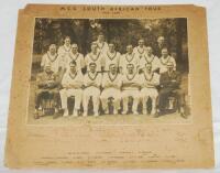 M.C.C. tour of South Africa 1938/39. Large official sepia photograph of the M.C.C. team who toured South Africa in 1938/39, seated and standing in rows and wearing M.C.C. sweaters. The photograph is laid down to official photographers mount and is nicely 