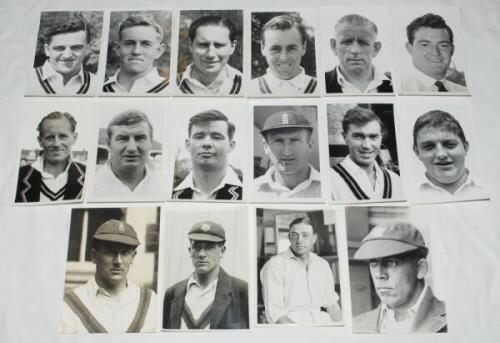 'Test and County cricketers 1930s-1960s. A good selection of twenty seven original mono press player portrait photographs of Test and County cricketers. Earlier England Test cricketers are Harold Larwood (two different), Walter Hammond and Bob Wyatt, each