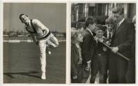 Malcolm Jameson Hilton. Lancashire &amp; England 1946-1961. Five original mono press photographs each featuring Hilton. Photographs are Hilton in bowling action pose, nicely signed in blue ink to the photograph with dedication 'To Mum &amp; Dad with Love,