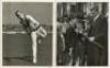 Malcolm Jameson Hilton. Lancashire &amp; England 1946-1961. Five original mono press photographs each featuring Hilton. Photographs are Hilton in bowling action pose, nicely signed in blue ink to the photograph with dedication 'To Mum &amp; Dad with Love,
